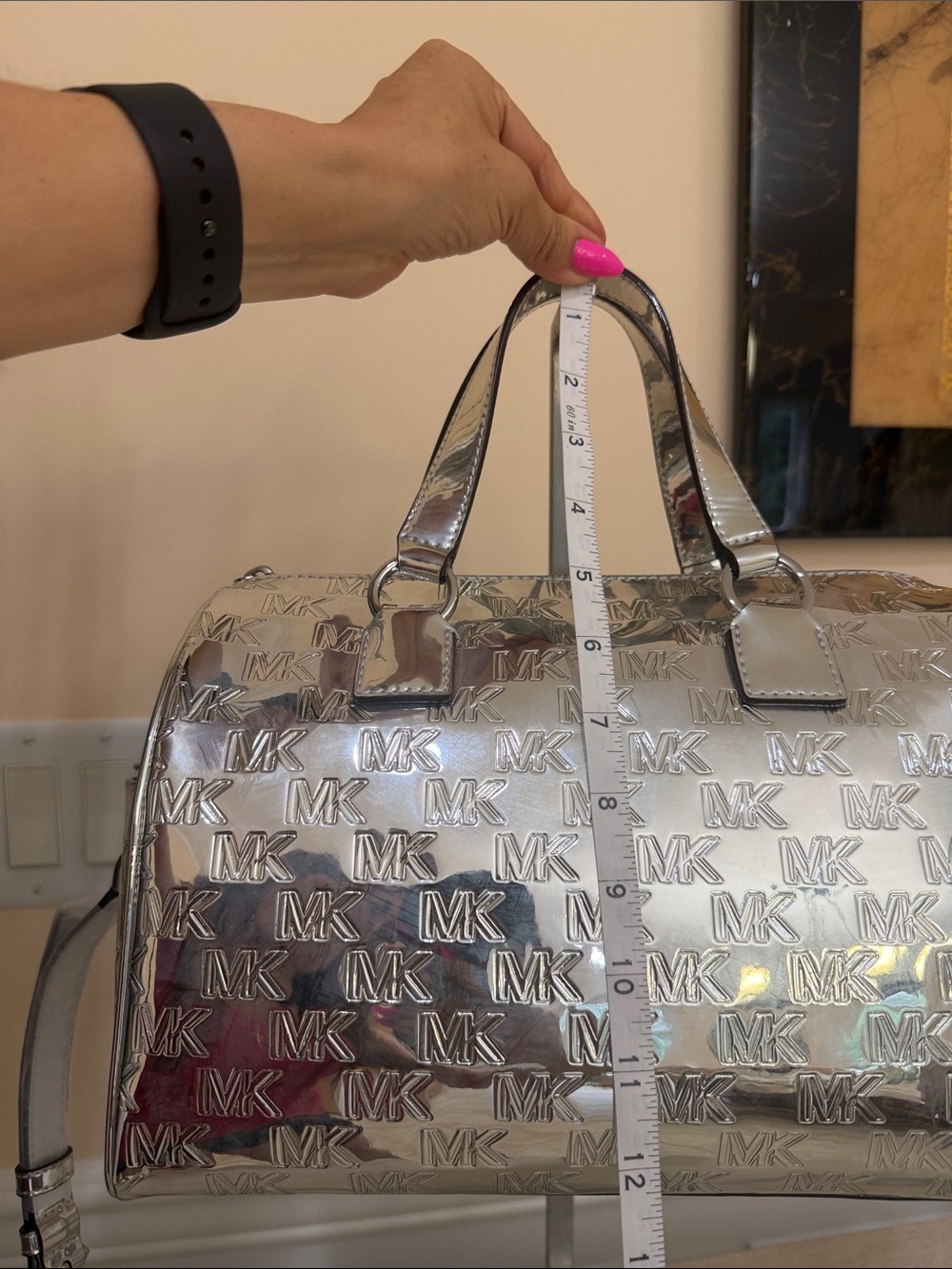 Michael Kors Mason Metallic Silver MK Monogram Satchel - Picture 3 of 10